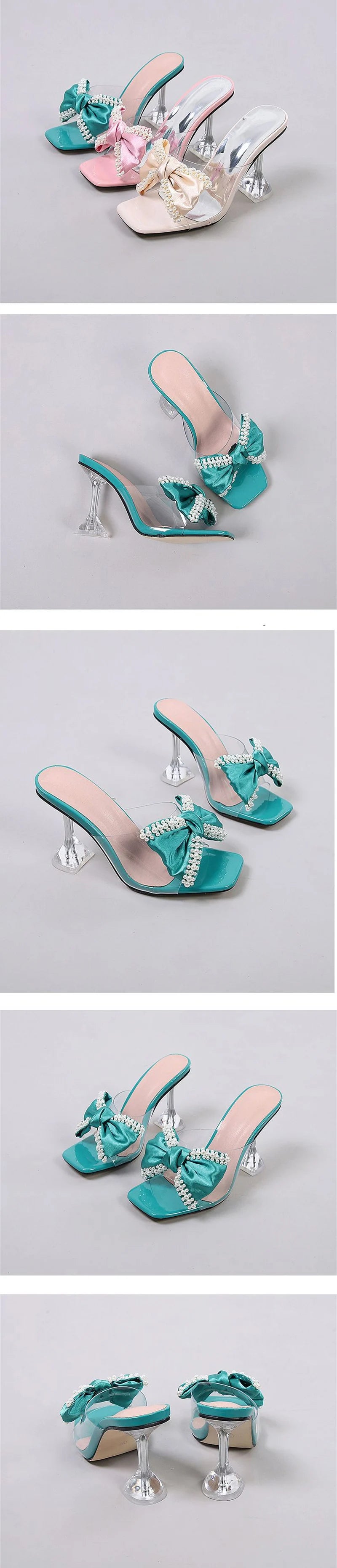 Liyke 2026 New Style Pink Women Slippers Sandals Fashion Pearl Bowknot High Heels PVC Transparent Shoes Summer Mule Slides Pumps