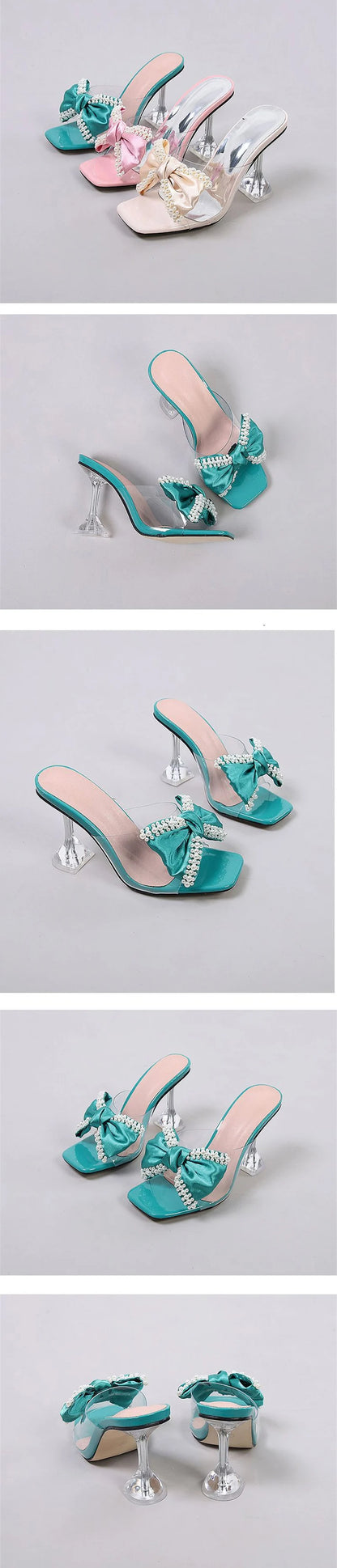 Liyke 2026 New Style Pink Women Slippers Sandals Fashion Pearl Bowknot High Heels PVC Transparent Shoes Summer Mule Slides Pumps