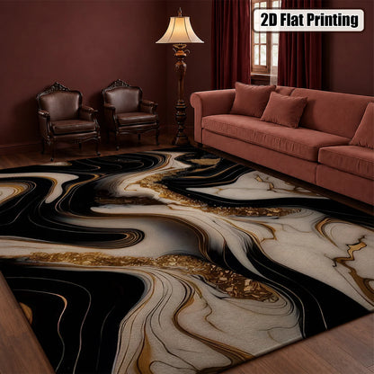 Large Indoor Area Rug, Soft Velvet Low Pile with Non-Slip Dotted Backing, Machine Washable Abstract Black White Gold Marble Swirl Rug, Modern Decor for Living Room, Bedroom, Entryway