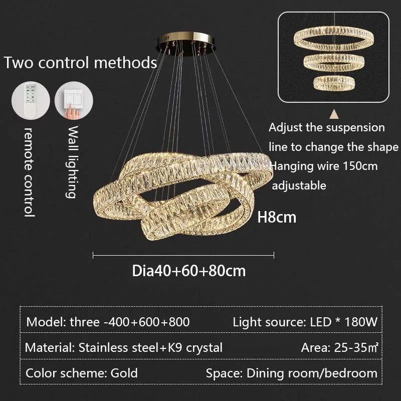 Modern LED Luxury Crystal Chandelier Villa Staircase Living Room Dimming Circular Gold Chandelier Home Lighting Indoor Light