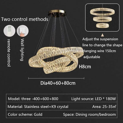Modern LED Luxury Crystal Chandelier Villa Staircase Living Room Dimming Circular Gold Chandelier Home Lighting Indoor Light
