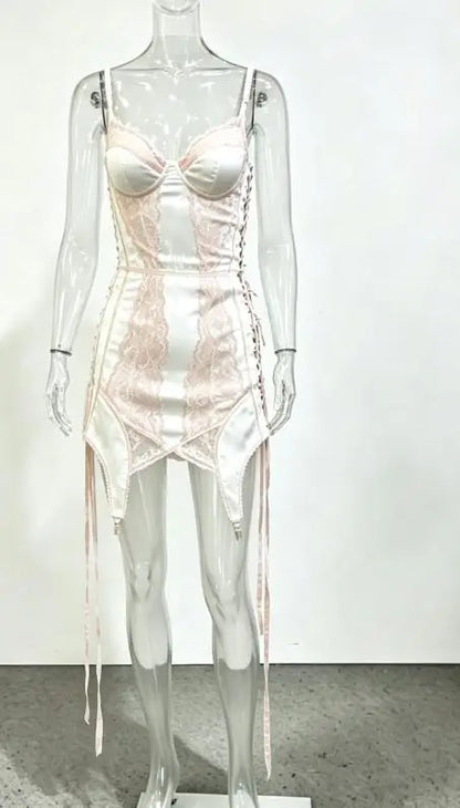Women Satin Dress Sexy Lace Fishbone Waist Slim Fit Hollowed Out Irregular Short Suspender 2026 Summer Party Street Daily Outfit