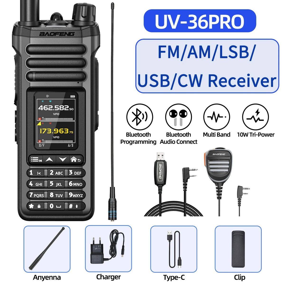 BAOFENG UV-36 PRO 10W Tri-Power Walkie Talkie Dual Mode Two Way Radio Bluetooth Programming FM Receiver Handheld Transceiver