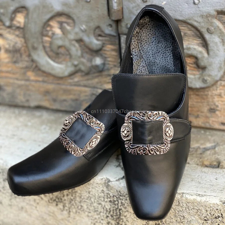 Vintage Medieval Renaissance Frock Shoes Unisex Block Heels With Buckle Boot Halloween Cosplay Costume Party Historical Footwear