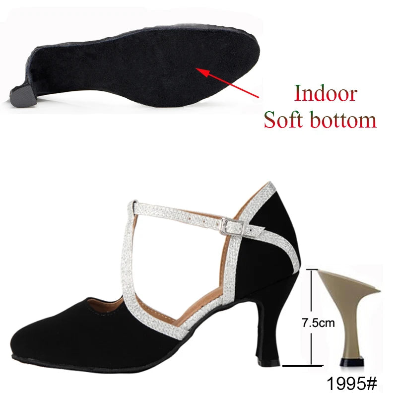 New Latin Dance Shoes Ladies Salsa Tango Ballroom Party High Heels Black Silver Summer Closed Toe Women's Shoes Dancing Shoes