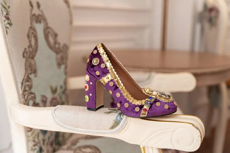 Purple Velvets Women Shallow Pumps Round Toe Crystal Gold Decorations Chunky High Heels 10cm Wine Red Prom Party Creepers Sapato