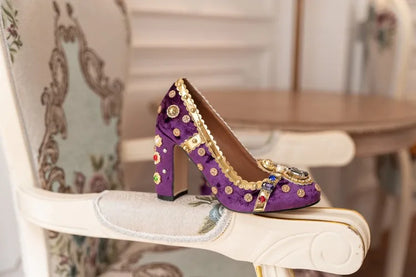 Purple Velvets Women Shallow Pumps Round Toe Crystal Gold Decorations Chunky High Heels 10cm Wine Red Prom Party Creepers Sapato