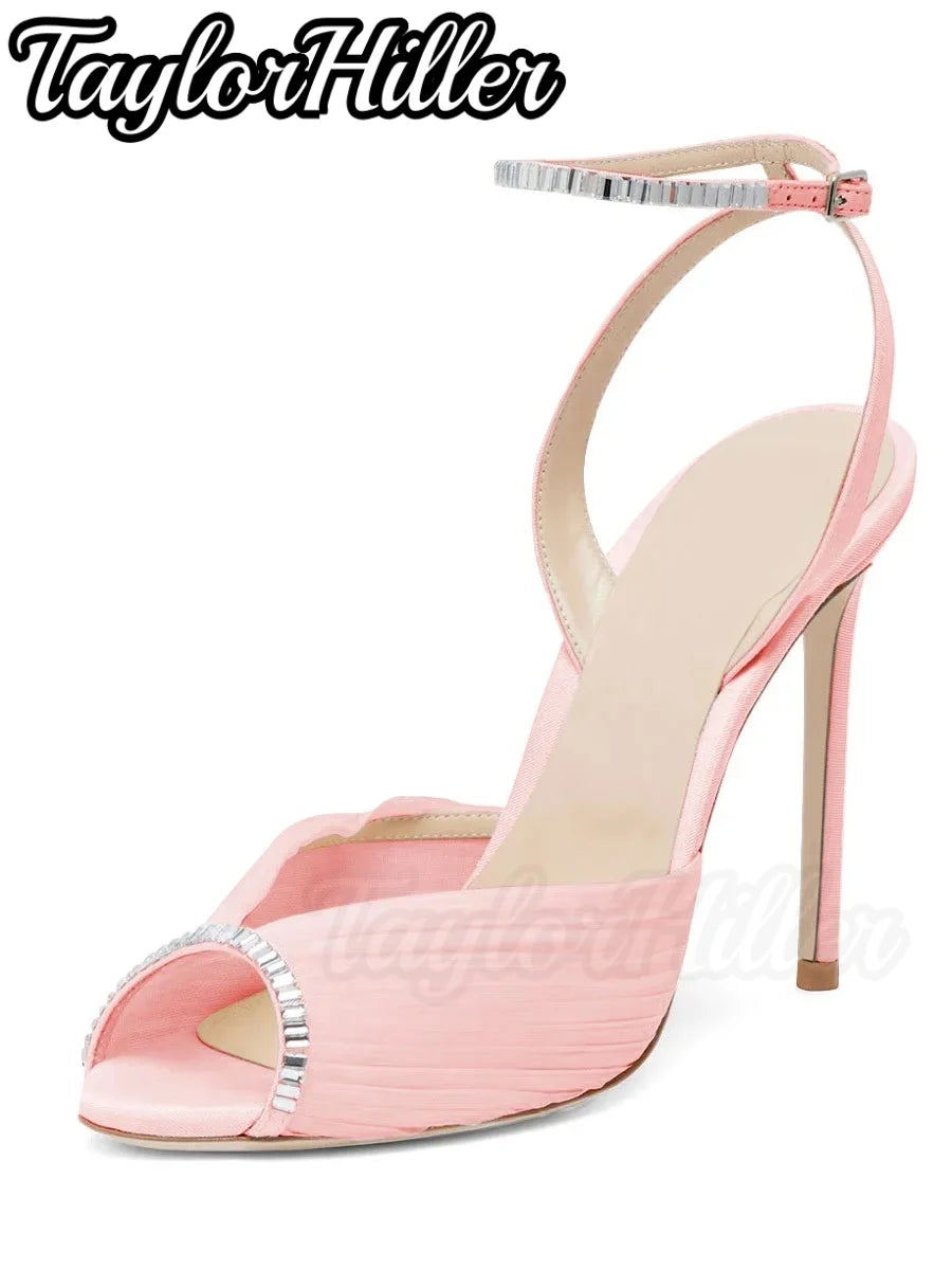 Bridal Crystal Air Mesh Heeled Sandals White Shallow Stiletto Women High Heels Elegant Luxury Designer Peep Toe Shallow Shoes