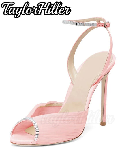 Bridal Crystal Air Mesh Heeled Sandals White Shallow Stiletto Women High Heels Elegant Luxury Designer Peep Toe Shallow Shoes