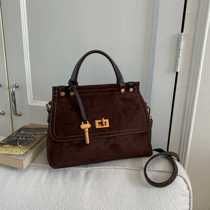 High Quality Retro Top-handle Bags For Women 2025 Winter New Designer Handbags Luxury Flap Shape PU Suede Shoulder Crossbody Bag