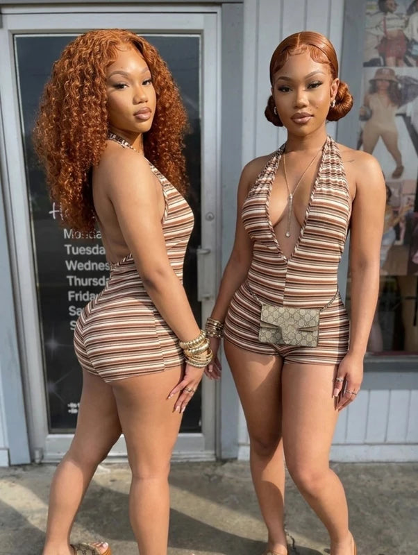 Summer Cute Baddies Romper Women Clothes Streetwear Halter Deep V-Neck Backless One Piece Striped Knit Ribbed Bodycon Jumpsuits