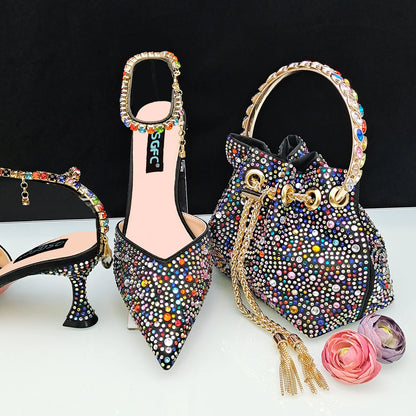 QSGFC New Gold Glitter Fabric Pointed Toe High Heels With A Variety Of Shapes Of Rhinestones Fashion Party Ladies Shoes And Bag