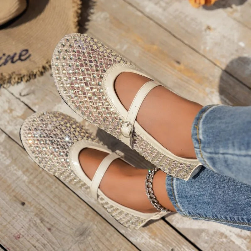 Women's Mary Jane Shoes Luxury Brand Casual Single Shoes Women's Rhinestone Plus Size Womens Round Head Buckle Beach Flat Shoes