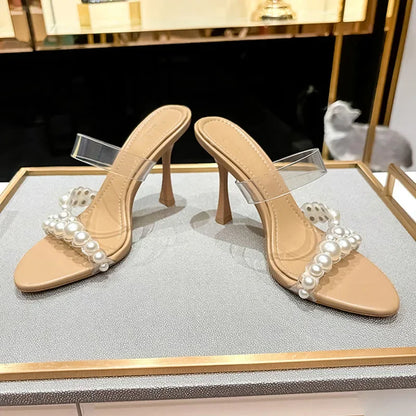 Luxury Brand Design String Bead PVC Transparent Slippers Women Summer High Heels Sandalias Fashion Open Toe Party Slide Sandals