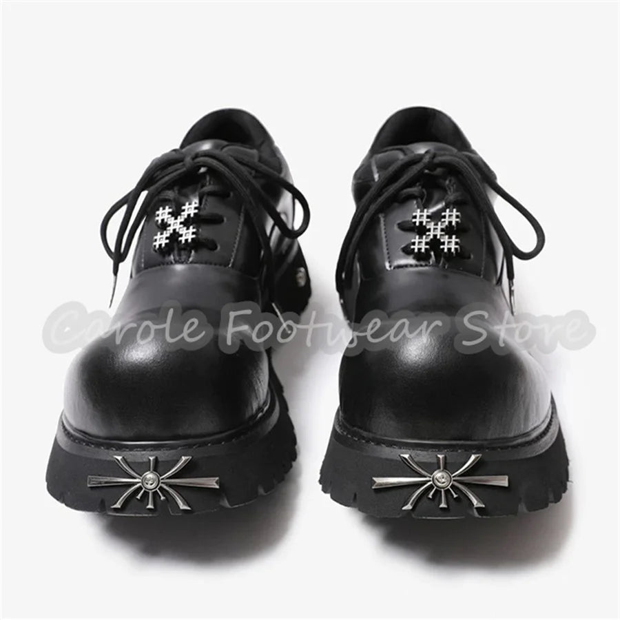 Punk Metal Decor Big Head Lace-Up Sneakers Male Chunky Bottom Height Increase Single Shoes British Style Leather Casual Shoes