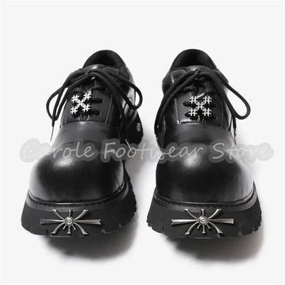 Punk Metal Decor Big Head Lace-Up Sneakers Male Chunky Bottom Height Increase Single Shoes British Style Leather Casual Shoes