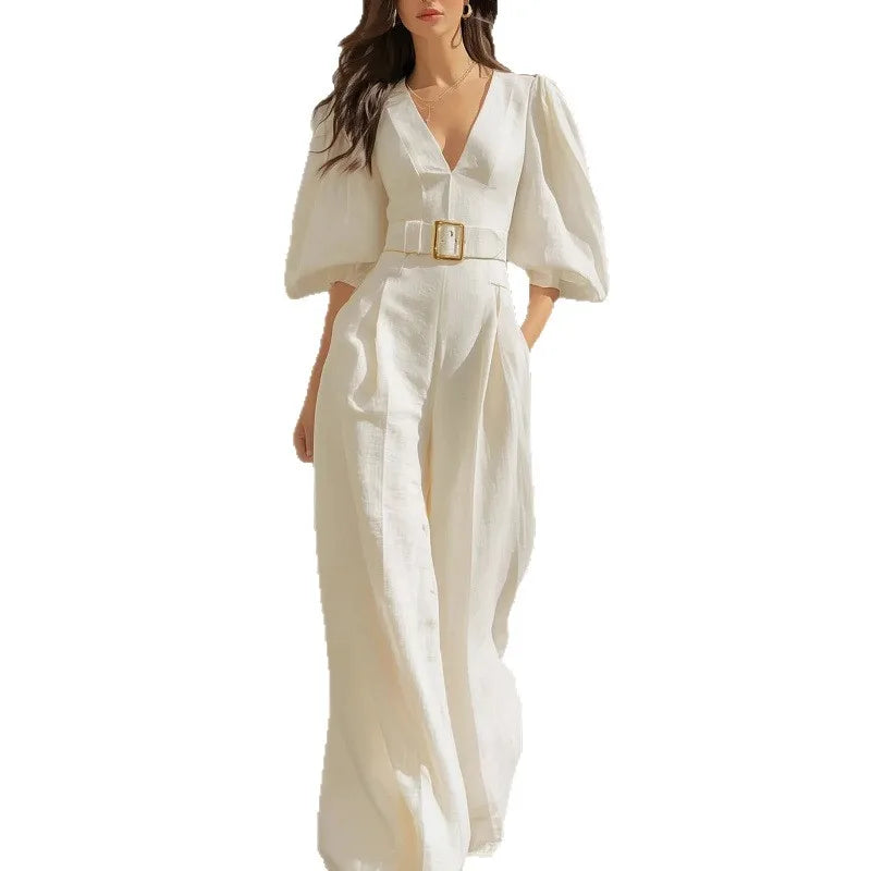 Elegant Jumpsuit Women's V Neck Puff Sleeve Belt Free Wide Leg Casual Rompers Workplace Urban Commuting Business Sexy Jumpsuites