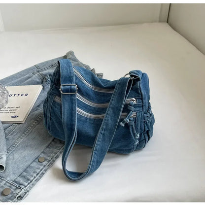Vintage Denim Women's Shoulder Bag Large Capacity Messenger Bag Multi-pockets Satchel Bags Adjustable Strap Ladies Crossbody Bag