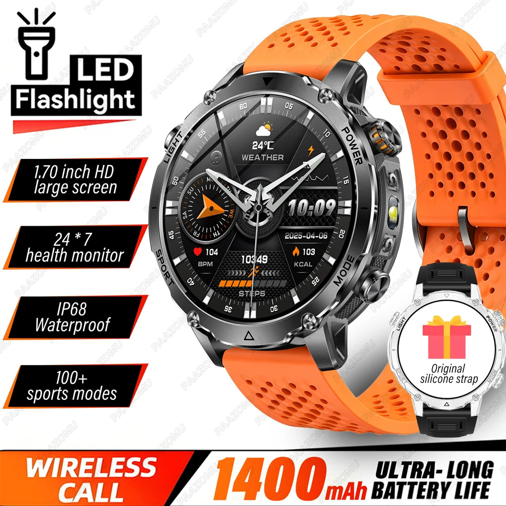 Brand+1400mAh Big Battery Smartwatch Men 1.7" AMOLED 200-Day Standby Swim Diving Waterproof GPS Military Tactical SOS 100 Sports
