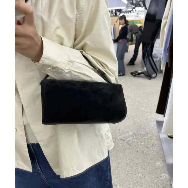 2025 New Luxury 90s Pen Holder Bag Genuine Soft Cowhide & Suede Mini Crossbody Bag Hand-Carry Vintage Shoulder Purse for Women