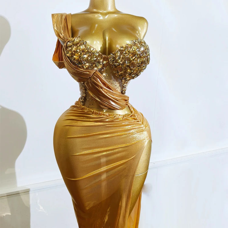 Woman Performance Suit Sexy Pink Backless Strapless Rhinestones Dress Event Costume Dancewear Top And Skirt Birthday Drag Club