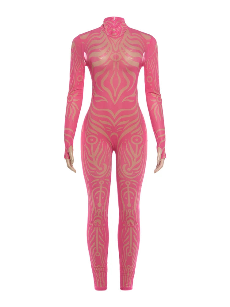 Weird Puss Sexy Striped Print Jumpsuits Women Wild Style Turtleneck Full Sleeve Midnight Party Club Stretch Streetwear Overalls