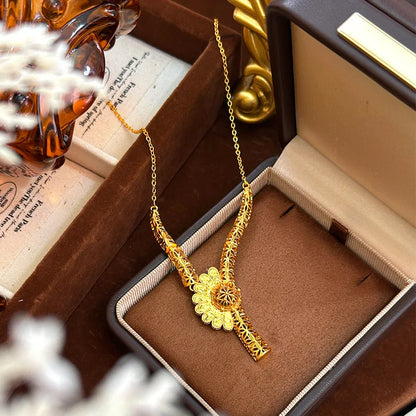 Niche Design Ethnic Style Hollow Bridal Wedding Sunflower Necklace 9999 24K Real Gold Hollow Exotic Style