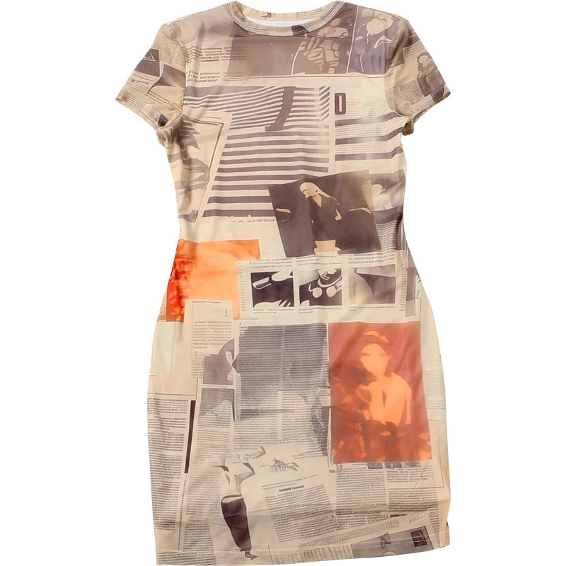 SIsterlinda Newspaper Print Chic Sexy Dress Woman Fashion O-Neck Short Sleeve Skinny Peach Buttocks Midnight Club Party Bodycon
