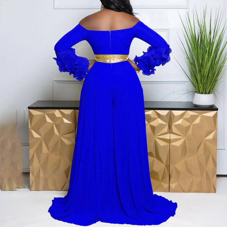 CM.YAYA Women Long Ruffles Sleeve Pleated Slash Neck Wide Leg Long Jumpsuits Party Beach Belt Street Sexy Africa Outfit Rompers