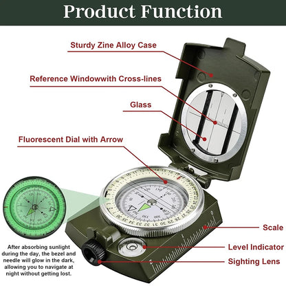 Tactical Survival Compass - Waterproof & Shockproof with Sighting Function, Carabiner & Pouch for Military Hiking Navigation