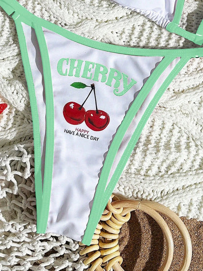Cute Halter Bikini 3 Pieces Cherry Print 2026 Sexy & Fresh Feeling Bathing Suit Three-Piece Swimsuit Dark Blue Beach Swimwear