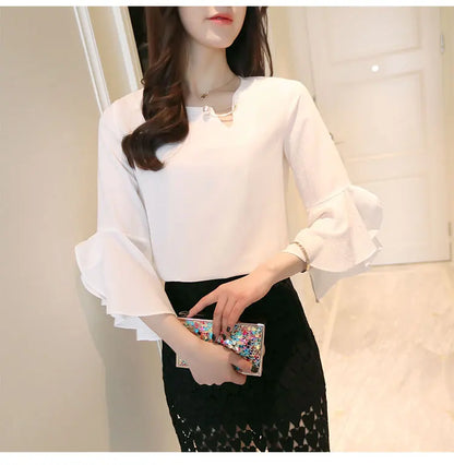 Seven-point Female Ruffled Sleeved Loose Shirt Chiffon Blouses