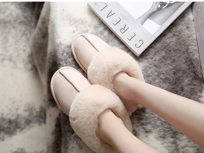 2025 Winter Warm Home Fur Slippers Women Luxury Faux Suede Plush Couple Cotton Shoes Indoor Bedroom Flat Heels Fluffy Slippers