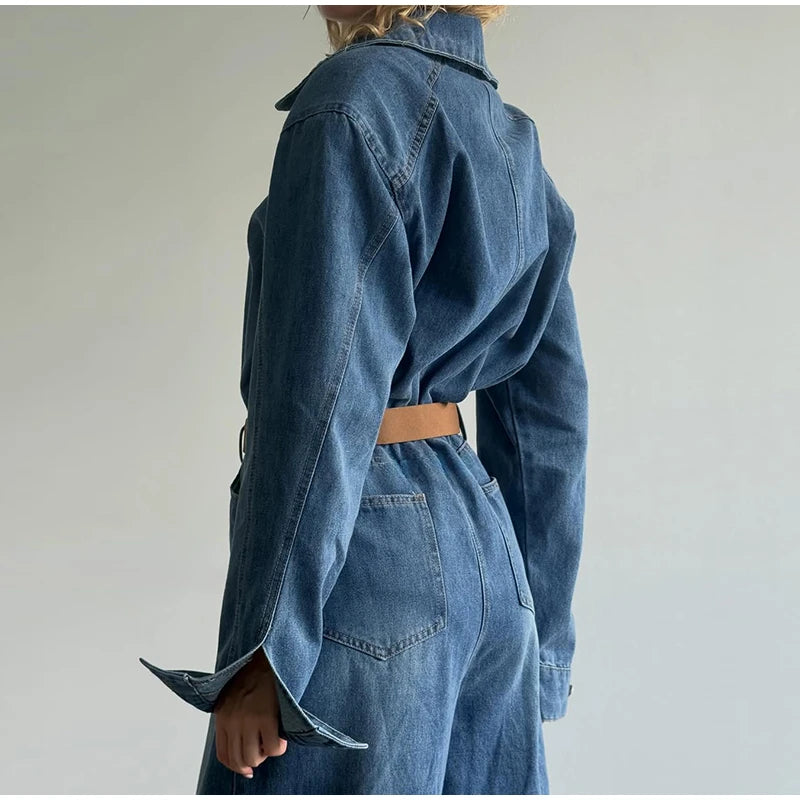 Casual Denim Long Jumpsuits Women Lapel Long Sleeves Zipper Belts Loose Pants Bodysuits Female 2026 Autumn New Chic Streetwears