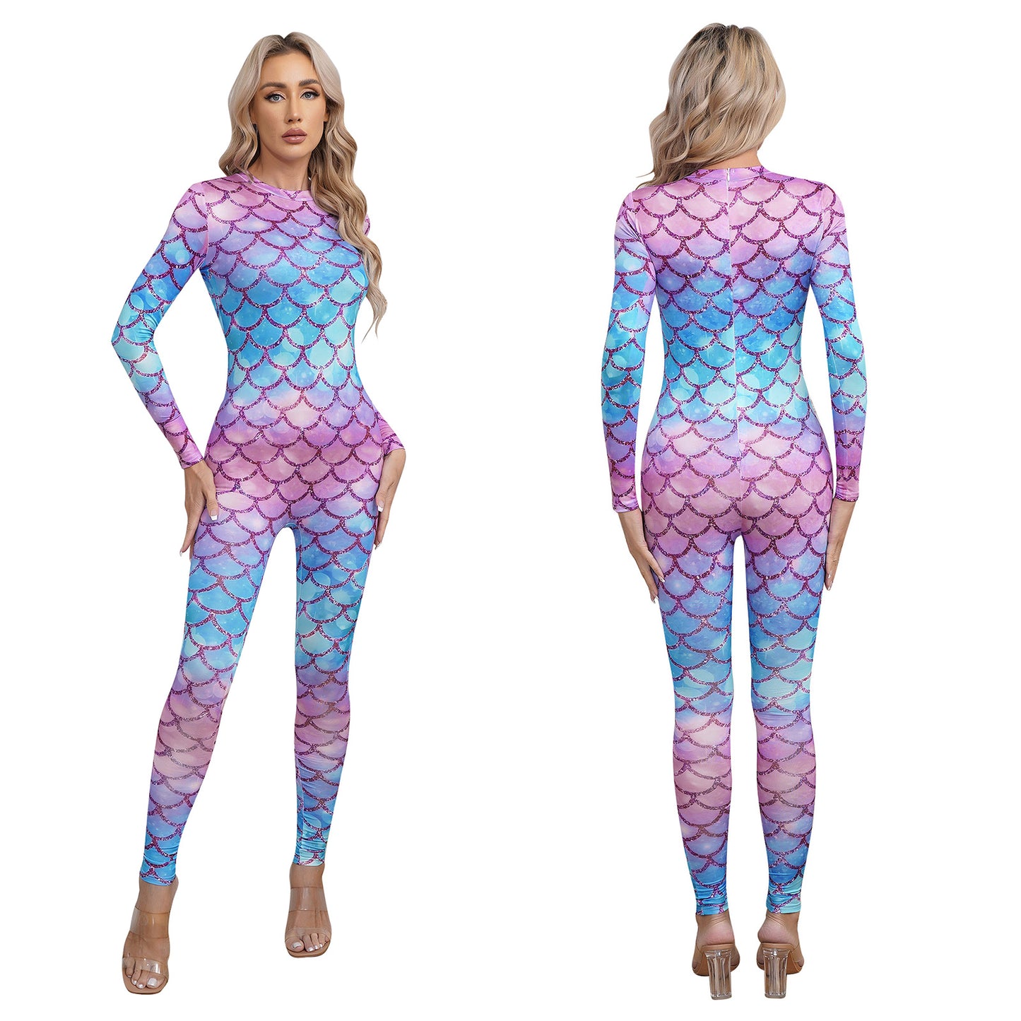 Womens Rash Guard One Piece Swimsuit Mermaid Fish Scale Print Long Sleeve Back Zipper Full Body Tops Sexy Swimwear Jumpsuit