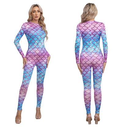 Womens Rash Guard One Piece Swimsuit Mermaid Fish Scale Print Long Sleeve Back Zipper Full Body Tops Sexy Swimwear Jumpsuit