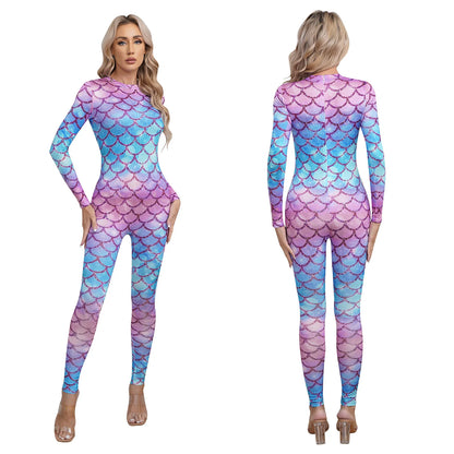 Womens Rash Guard One Piece Swimsuit Mermaid Fish Scale Print Long Sleeve Back Zipper Full Body Tops Sexy Swimwear Jumpsuit