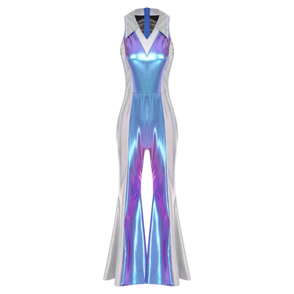 70s 80s Disco Costume Women's Streetwear Jumpsuit Shiny Clubwear Flared Long Pants Rompers Flares Metallic Hippie Party Outfit