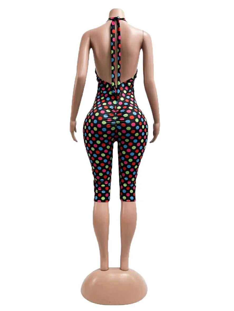European and American New Style Women's Clothing Spring and Summer Polka Dot Print Elastic Halter Neck Backless Slim Fit Jumpsuit Women's Jumpsuit