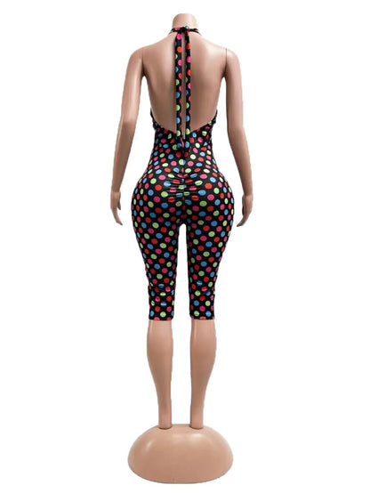 European and American New Style Women's Clothing Spring and Summer Polka Dot Print Elastic Halter Neck Backless Slim Fit Jumpsuit Women's Jumpsuit