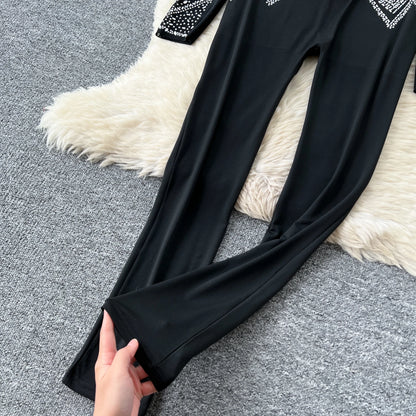 SINGREINY Sexy Senior Bodycon Jumpsuits Women Deep V-Neck Long Sleeves Zipper Diamonds Design Fashion Hotsweet Party Playsuits