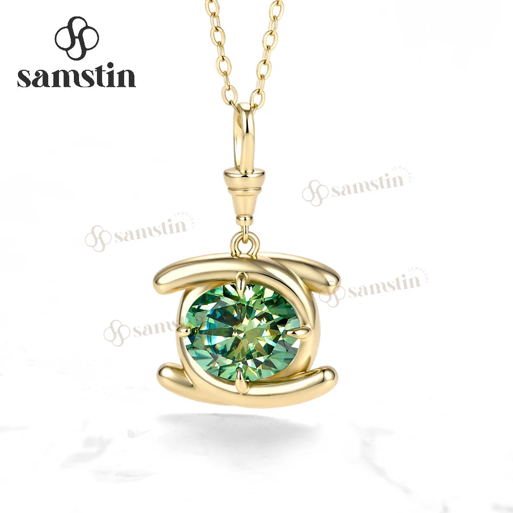 Samstin 5CT Cyan Oval Cut Moissanite Necklace for Women Solid 14K 10K 585 Yellow Gold Necklace for Christmas Gift Custom Chainin