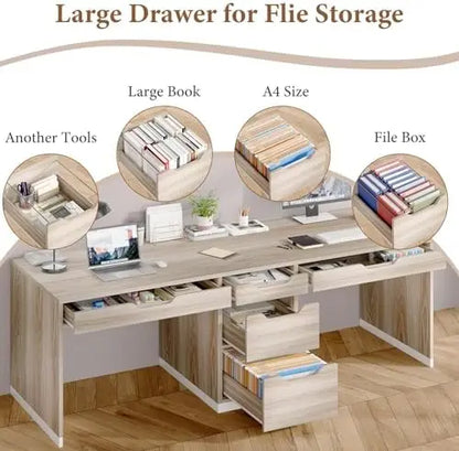 Two Person Desk with 5 Drawers, Double Desk with Storage for 2 People, 78 Inch Extra Long Computer Desk Workstation