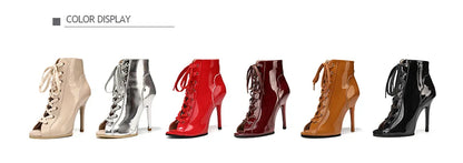 Women Sexy Thin High Heel Dance Shoes Party Ballroom Pole Jazz Lace Up Platform Dancing Boots Short Tube Heels 8.5/9.5CM Booties