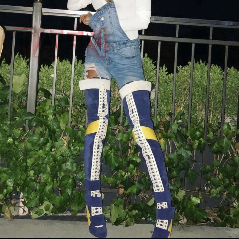 Women Patchwork Suede Leather Thigh High Boots Stiletto Heel Over Knee Boots Belt Slim Long High Heels Club Dress Party Shoes