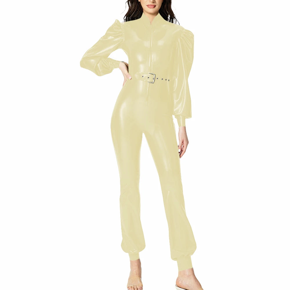 Plus Size Fashionable PVC Patent Leather Jumpsuit for Women Latex-look Clubwear Stand Collar Belt Puff Long Sleeve Slim Rompers