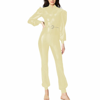 Plus Size Fashionable PVC Patent Leather Jumpsuit for Women Latex-look Clubwear Stand Collar Belt Puff Long Sleeve Slim Rompers