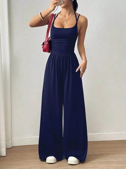 Spaghetti Strap Jumpsuit Square Neck Ruched Waist Wide Leg Long Pant Outfit For Women Daily Travel Outdoor Casual Lounge Stylish Garment
