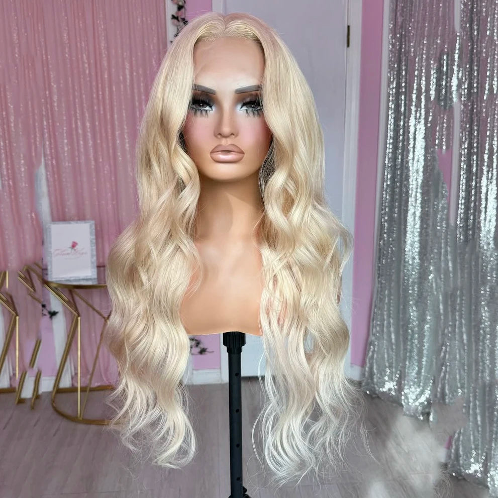 Light Silver Grey Lace Front Wig Long Body Wave Synthetic Hair Daily Wear Ash Platinum Wigs 13x4 Glueless Heat Resistant Fiber