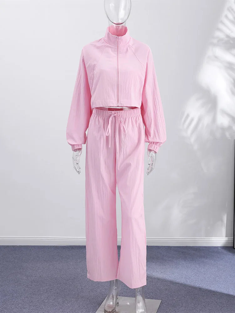 Stand Collar Thin Cropped Coats Pants Suits Women Street Lantern Long Sleeve Zipper Loose Tops Drawstring Wide Leg Trousers Sets